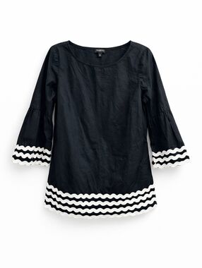 Talbots Black Tunic Top White Trim Petite Small SP 3/4 Sleeve Blouse Classic
